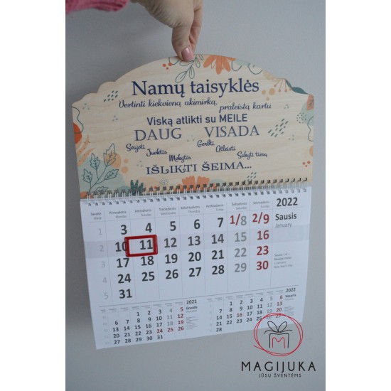 Sieninis pakabinamas medinis kalendorius "Namų taisyklės"