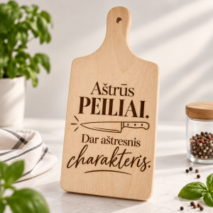 Pjaustymo lentelė graviruota "Aštrūs peiliai. Dar aštresnis charakteris."