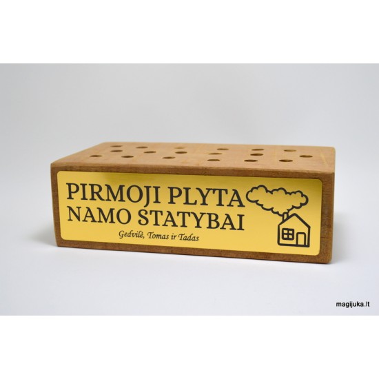 Plyta su užrašu "Pirmoji plyta namo statybai"